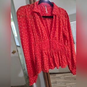 Free People Women's Red Smocked Waist Blouse